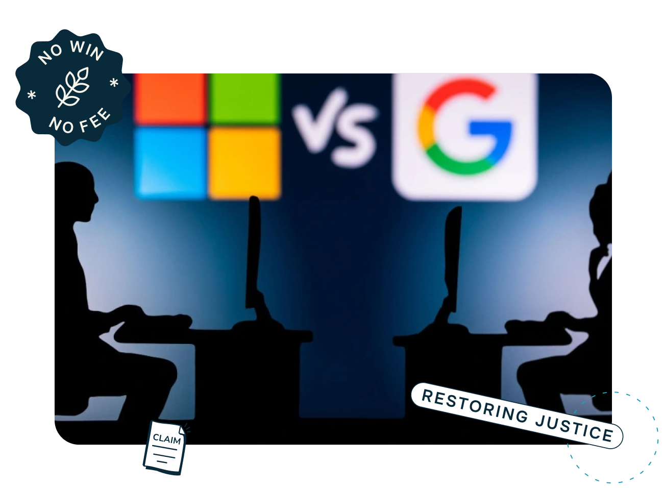 microsoft logo and google logo in the background with a male and a female on a computer