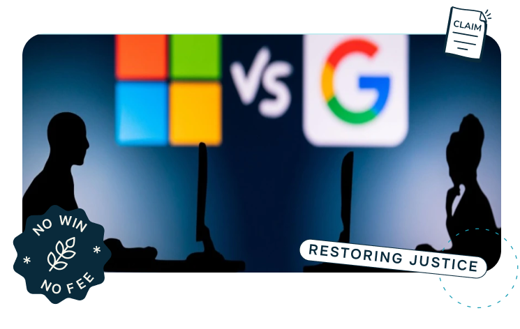 microsoft logo and google logo in the background with a male and a female on a computer