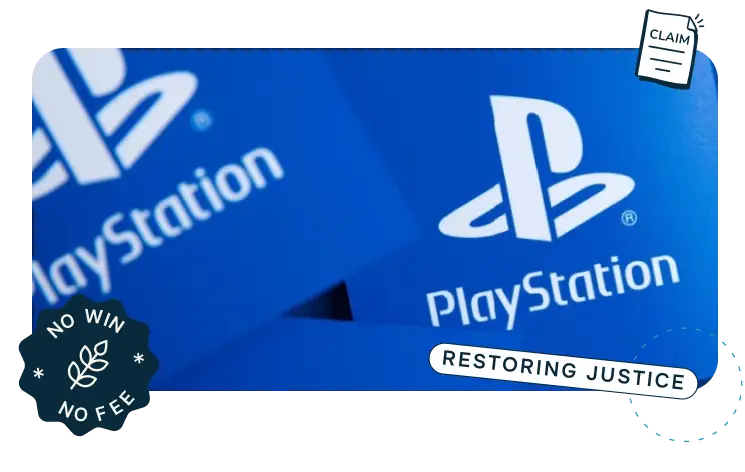 Sony playstation logo against a blue background. Playstation is a video game brand