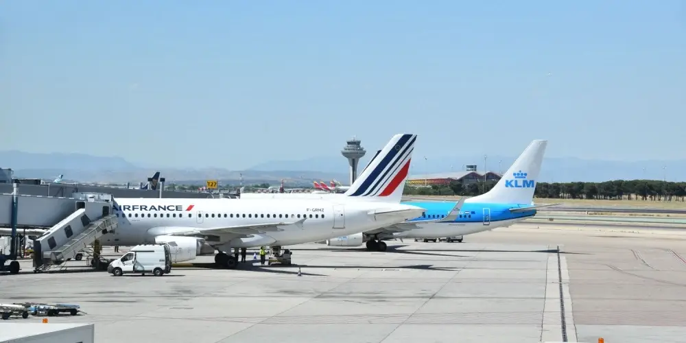 Air France and KLM Airlines stopped at an airport
