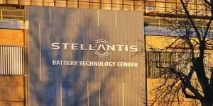 The Stellantis logo at the entrance of a factory
