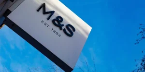 A Marks Spencer store sign. The British department store is a retail institution in the UK.