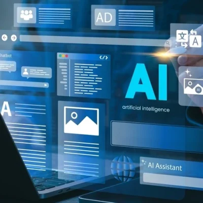 Artificial Intelligence Content Generator. A man uses a laptop to interact with AI assistant. AI offers functions like chatbot, generate images, write code, writer bot, translate and advertising