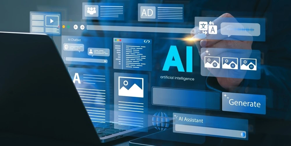 Artificial Intelligence Content Generator. A man uses a laptop to interact with AI assistant. AI offers functions like chatbot, generate images, write code, writer bot, translate and advertising