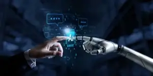Hands of robot and human connect artificial intelligence AI circuit board to virtual smart chatbot with a command for automation generate, learning technology artificial intelligence machine, AI.