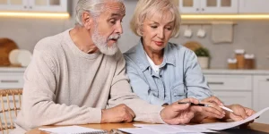 Senior couple planning budget at wooden table indoors