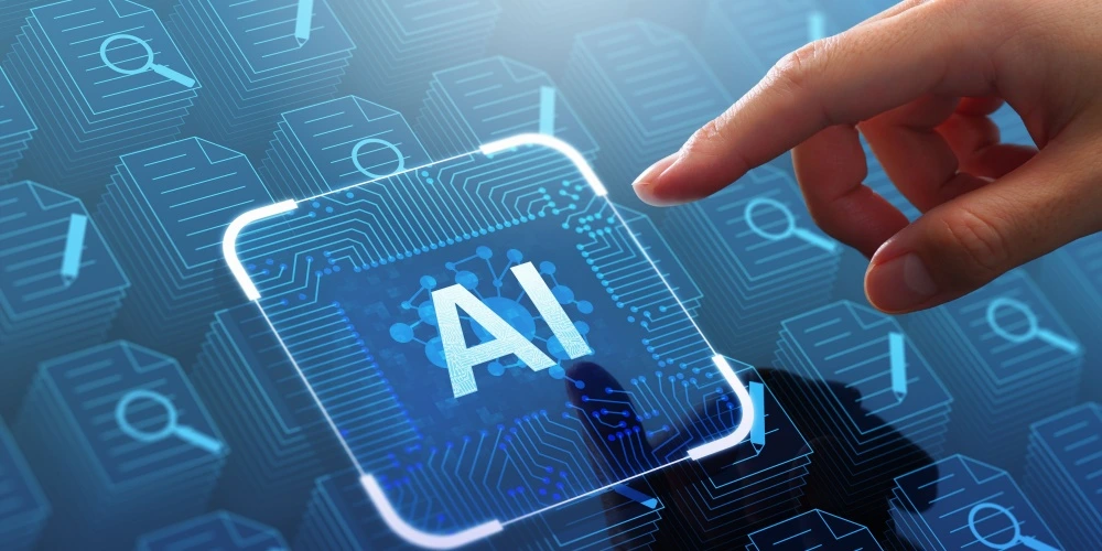 An image of a hand almost touching an AI pretend button