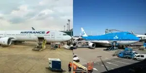 KLM Airline and AirFrance airline planes on the airport